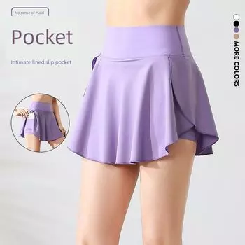 White Fake Two-Piece Sports Short dress Women High Waist Running Fitness Pants Yoga Skirt Anti-exposure Badminton Tennis Skirt Women Light fog purple XL