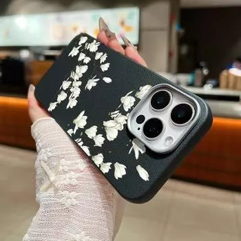 White Floral Print Slim TPU Matte Case For iPhone 16 Plus 15 Pro 14 Pro Max 13 12 11 XS XR 8 7 Leather Texture Soft Shockproof Protection Phone Cover iPhone 16 чёрный