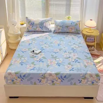 White Flower Print 100% Cotton Fitted Sheet Set Deep Pocket Elastic Mattress Cover with Pillowcases Soft Breathable Bedding Set 120x200x25cm 3Pcs