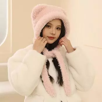 White fluffy thread hat cute bear hat women s autumn and winter knitted hat big head circumference warm cat ear hat windproof One Size