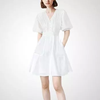 White for Summer Palace Style V Neck High Waist Dress White-color S