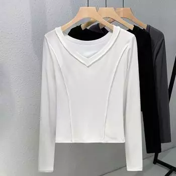 White French Clavicle Exposed V-neck Shoulder T-shirt for Women with Long-sleeved Round Neck Inner Bottoming Shirt Age-reducing Fashionable Top S белый