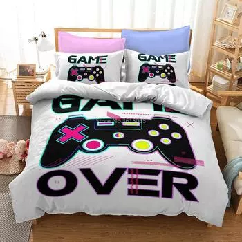 White Gamer Gamepad Pattern Bedding Sets Bed Linen Bedclothes Adult Kid Cartoon Duvet Cover Pillowcase Twin Full Queen King Size 200x200cm