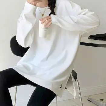 White German velvet mid-length loose long-sleeved T-shirt for women in autumn and winter embroidered slit design with base layer top S
