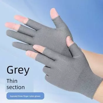 White Gloves Summer Breathable Dew Two Finger Outdoor Tea Picking Hiking Cycling and Driving Sun Protection Anti-Black Work Protection Thin Gray nylon (3 fingers) 6 pairs All yards