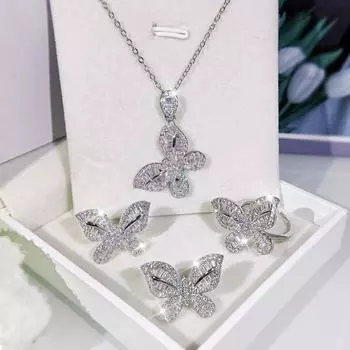 White Gold Zircon Butterfly Ring Earring Necklace Set Bridal Jewelry Accessories
