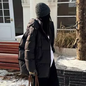 White goose down medium and long down jacket women s 2024 new thickened hooded soft waxy puff feeling large quilt premium coat S слоновая кость