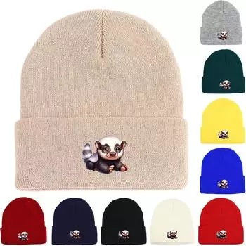 White Head Badger Print Knitted Cap Beanie, Animal Skull Cap Cuff Fit Stylish Bobble Hat Knit Hat Beanie as the picture чёрный
