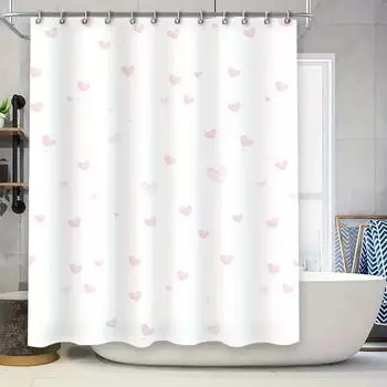 White Heart Shower Curtain Pink Love Print, Bath Decoration, Tub Liner Set for Home Decor (128 characters) W90xH180cm