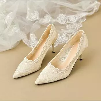 White high heels wedding shoes women s spring new pointed head stiletto embroidered lace Xiuhe wedding bride shoes 35