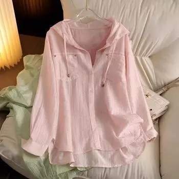 White Hooded Shirt for Women 2024 Autumn New Design Sense Niche Loose Casual Long Sleeve Shirt Coat Top Pink S(90-100)