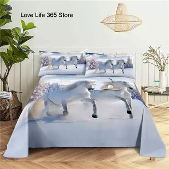 White Horse Bed Sheet Set 3D Printed Animal Polyester Flat With Pillowcase Linen For Kids Baby Adult Single Double Queen Size 230x230cm 3pcs
