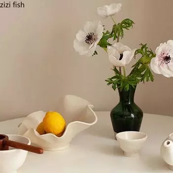 White Irregular Ceramic Plate Fruit Plate Snack Tray Salad Bowl Flower Arrangement Hydroponic Vase Flower Pot Dessert Plates