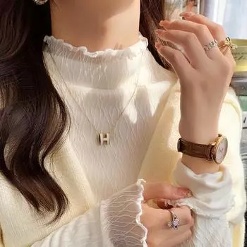 White Lace Inner Layer with Velvet and Thickened Half Turtleneck Bottoming Shirt for Women In Autumn and Winter New Style Fungus Edge Top M