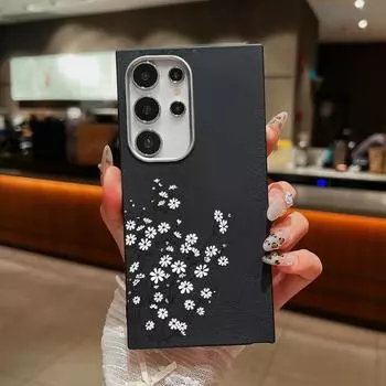 White Little Flower Pattern Soft TPU Case For Samsung S25 S24 FE S23 Ultra S22 A56 A16 A55 A36 A35 A14 A34 Leather Texture Matte Shockproof Slim Cover Samsung S25 чёрный