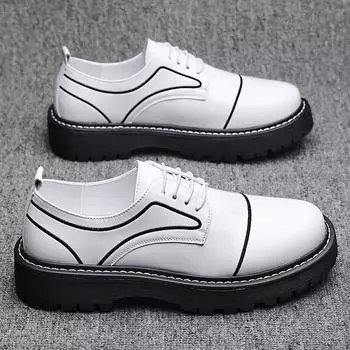 White men s shoes British style round head thick sole black small leather shoes men s Korean version hairstylist formal business glossy men s shoes 38
