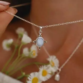 White Moonstone Four Points Necklace 925 Starling Silver Pendant Free Size белый