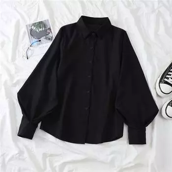 White Niche Loose Long Sleeves Lapel Slimming Shirt Black XL(High quality fabric)