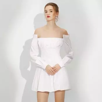 White Off-Shoulder Long-Sleeve A-Line Dress - Slim Fit & Elegant L