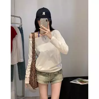 Белый топ на одно плечо с открытой ключицей, сексуальный топ с косыми плечами для женщин 2024 года, свободная и ленивая футболка с длинными рукавами для темперамента S