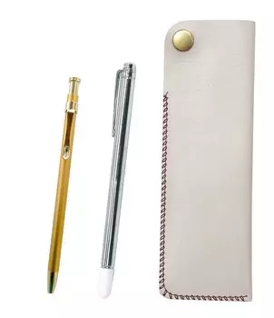 White Pen Case with Metal Pointer and Slim 60 Gold Ballpoint Pen Set Two-Pack Hook-and-Loop (NK01W-701S-SV60KBP-2)