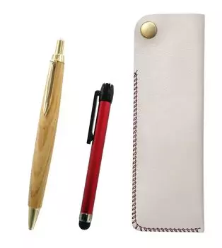 White Pen Case with Red Metallic Touch Stick and Retro Maple Wood Ballpoint Pen Set Two-Pack Hook-and-Snap (NK01W-ALR-HS47S-2)