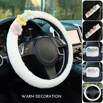 White Plush Color Flower Car Steering Wheel Cover Cute Cartoon Car Seat Belt Cover Paper Towel Box Lambhair Women s Car Interior