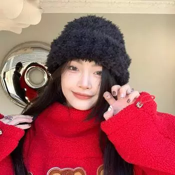 White plush wool hat women s autumn and winter thickened ear protection hat simple big head circumference warm damp knitted cold