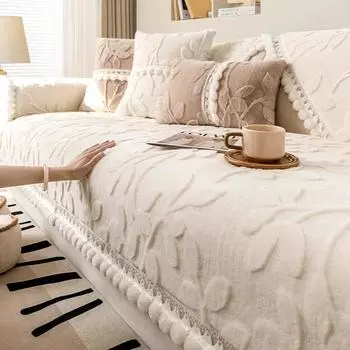 White Print Plush Sofa Mat Non-slip Solid Color Couch Four Season Universal Sofa Cover Jacquard Combination Sofa Cushion 70x70