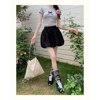 White Puffy Flower Bud Skirt for Women 2025 Summer New Design High Waist Slimming A Word Ballet Pants Skirts Black pants version M