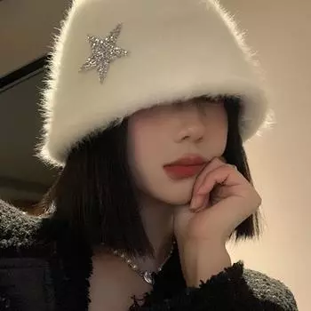 White rabbit fur bucket hat female autumn and winter face small warm bucket hat big head circumference plush hat белый