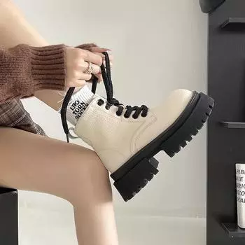 White retro British style thick heel thick-soled Martin boots women s 2025 new spring and autumn height-increasing and thin short boots 35 чёрный