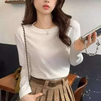 White round neck, right shoulder, long-sleeved T-shirt for women, new autumn and winter slim fit, German velvet thickened inner base layer top S