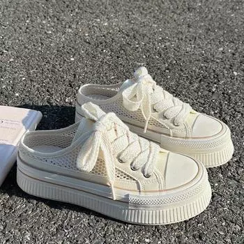 Белые туфли Полутапочки Парусиновые туфли Женские дышащие сетчатые туфли Туфли с юбкой Универсальные ультратонкие туфли без застежек на шнуровке 35 чёрный