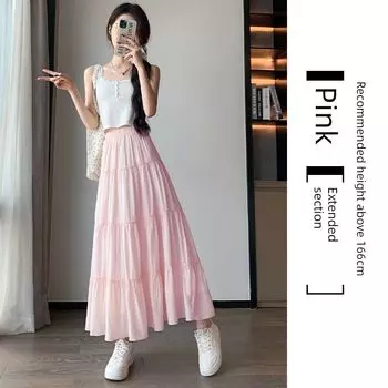 White Skirt Spring/Summer 2025 New Arrival High Waist Slim Looking A- line Versatile Mid-Length Skirt Small Puffy Cake Dress Pink [Tall]] M [48.00 kg-55.00 kg]]