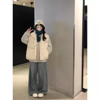 White stand-up collar vest women s 2024 new winter cotton-padded jacket loose thickened cold-proof cotton-padded jacket M