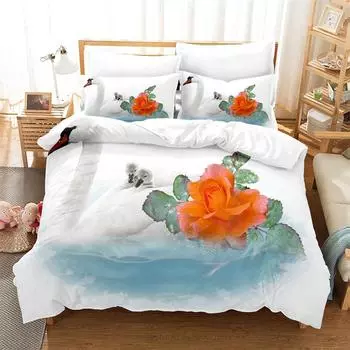 White Swan Bedding Sets Cartoon Animal Kid‘s Duvet Cover Boys Girls Cute King Quilt Cover Bedroom Bed Set Queen Bedding Set EU single(135x200cm)