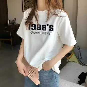 Белая футболка Летняя свободная ретро повседневная рубашка с круглым вырезом и короткими рукавами в стиле мода M белый