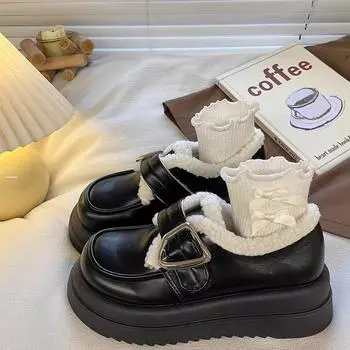 White thick-soled velvet small leather shoes for women s 2025 winter new retro British style Japanese jk warm loafers 35