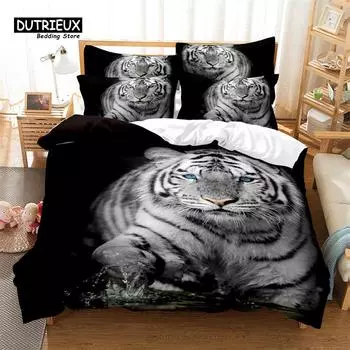 White Tiger Bedding Set, 3Pcs Duvet Cover Set, Soft Comfortable Breathable Duvet Cover, For Bedroom Guest Room Decor EU single(135x200cm)
