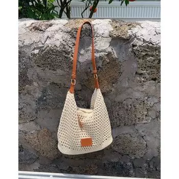 White Tiya Woven Hollow Bag Women 2025 New Summer Seaside Vacation Travel Tote Bag Beach Shoulder Bag Beige