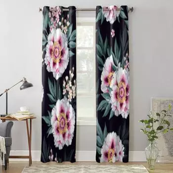 Занавеска на окно с белым деревом и пионом для гостиной, спальни, декоративные шторы, роскошные кухонные шторы с балдахином 135W x 60H(cm) x1