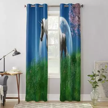 White Unicorn In The Field Window Curtain For Living Room Bedroom Decoration Curtains Luxury Kitchen Valance Curtains 135W x 60H(cm) x1
