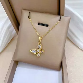 Ожерелье с подвеской в виде бабочки из белого циркония для женщин 45cm золотой