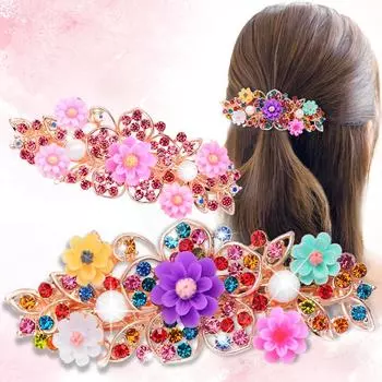 White Zircon Spring Clip Shining Rhinestone Flower Top Clip Horizontal Clip Elegant Mother Fashion Hair Ornament