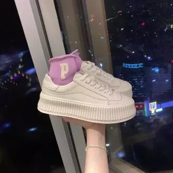 Whole cowhide~ lace-up leather round head thick sole heightening casual little white shoes women s board shoes 2025 new comfortable 34