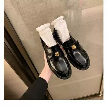 Whole cowhide~ thick-soled camellia small leather shoes, women s small gold buckle, one pedal, lazy with skirt, genuine leather 35