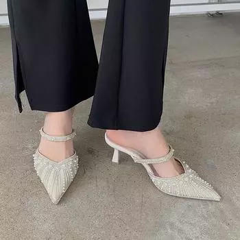 Wholesale Design French Pearl Single Shoes Shallow Mouth Sandals Wear Stiletto All-match Pointed High Heels 36 бежевый