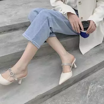 Wholesale Single Shoes Stiletto Rhinestone French Women s Sandals Chain Pointed Toe Shallow Mouth High Heels slippers Women 34 абрикосовый
