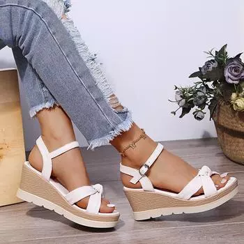 Wholesale Summer Women s High-Heeled Sandals New Cross-Border Straight Buckle Strap Thick Soled Height Increasing Wedge Sandals 41 бежевый